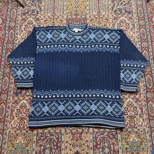 VTG 80s 90s Private Eyes Blue White Fair Isle Knit Sweater 2XL oversized ski USA